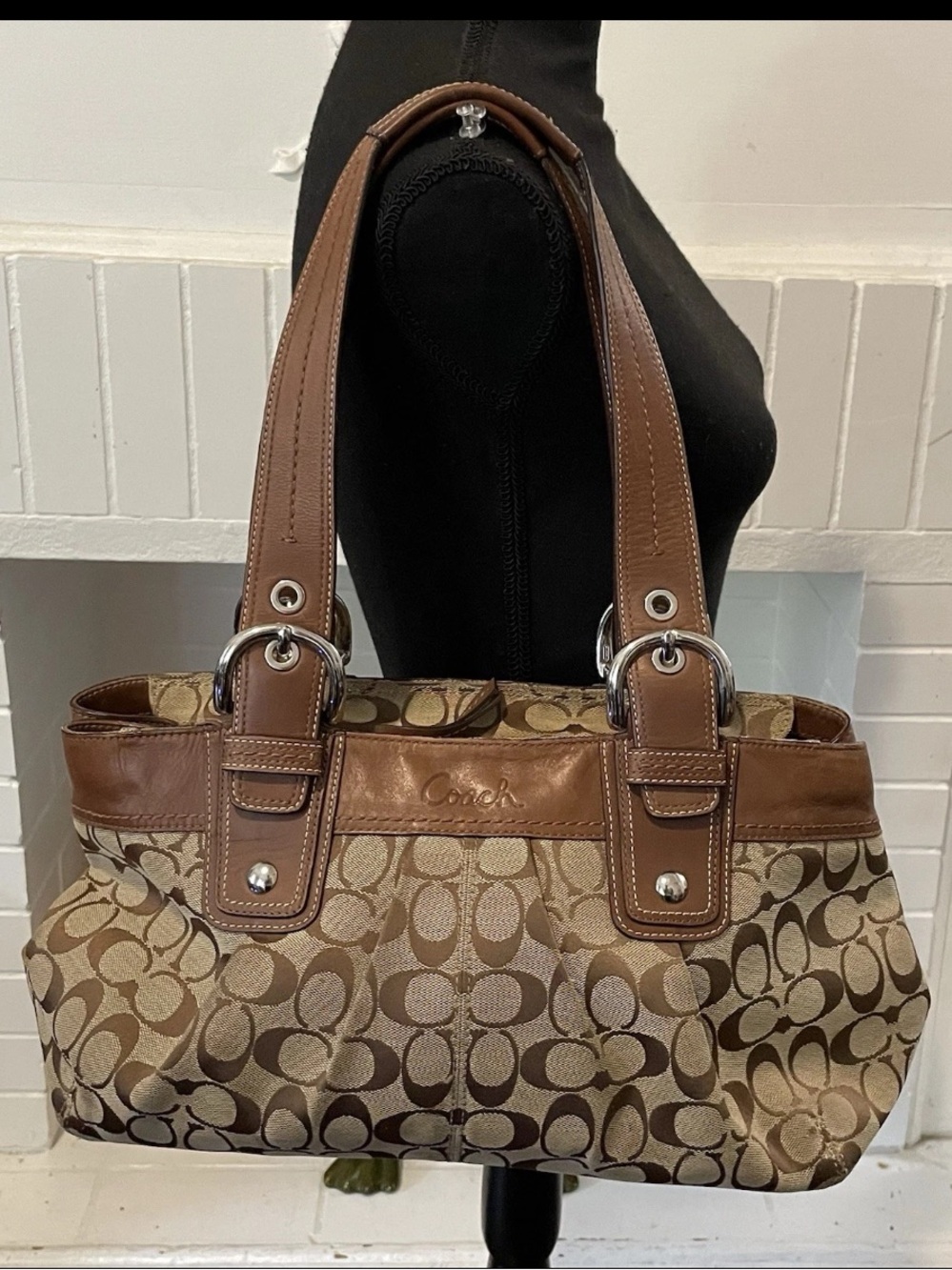 Vintage Y2K COACH Soho Pleated Signature Bag Purse Khaki Canvas/Brown Leather